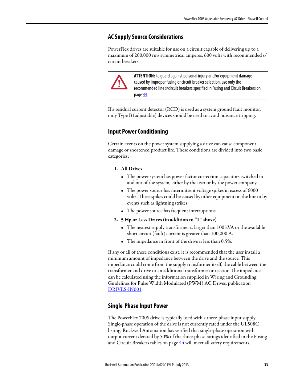 Ac supply source considerations, Input power conditioning, Single-phase input power | Rockwell Automation 20D PowerFlex 700S Phase II Drive Frames 1...6 Installation Instructions User Manual | Page 33 / 80