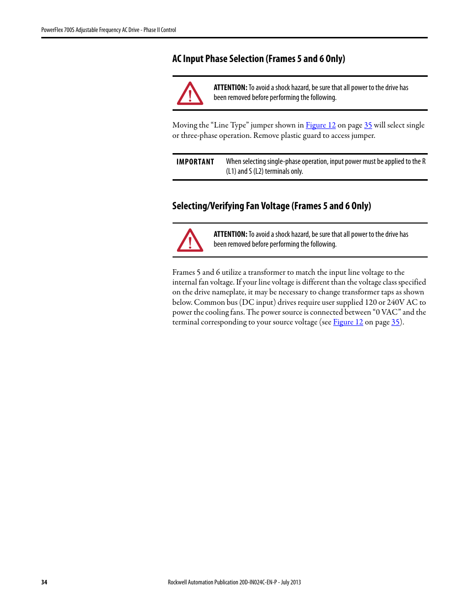 Ac input phase selection (frames 5 and 6 only), Thro | Rockwell Automation 20D PowerFlex 700S Phase II Drive Frames 1...6 Installation Instructions User Manual | Page 34 / 80