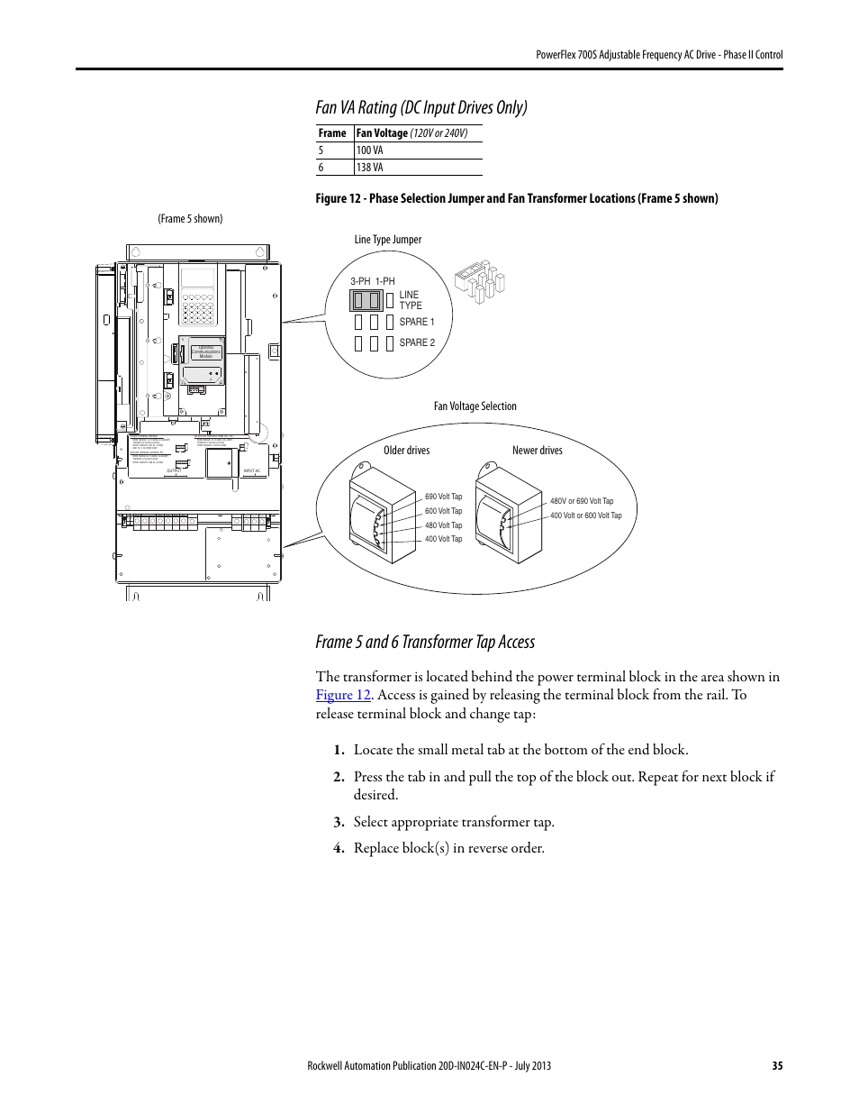 Figure 12, Fan va rating (dc input drives only), Frame 5 and 6 transformer tap access | Rockwell Automation 20D PowerFlex 700S Phase II Drive Frames 1...6 Installation Instructions User Manual | Page 35 / 80