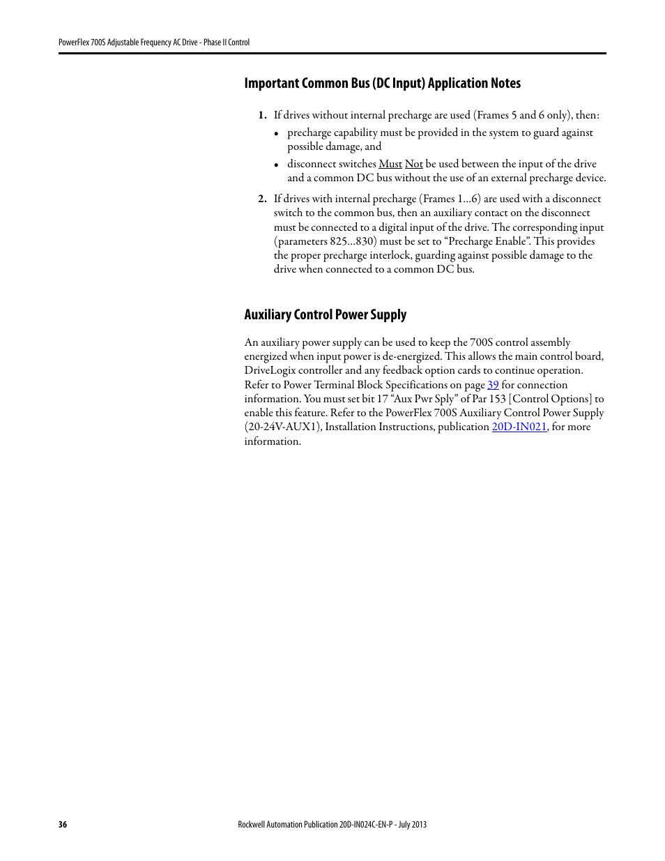 Important common bus (dc input) application notes, Auxiliary control power supply | Rockwell Automation 20D PowerFlex 700S Phase II Drive Frames 1...6 Installation Instructions User Manual | Page 36 / 80