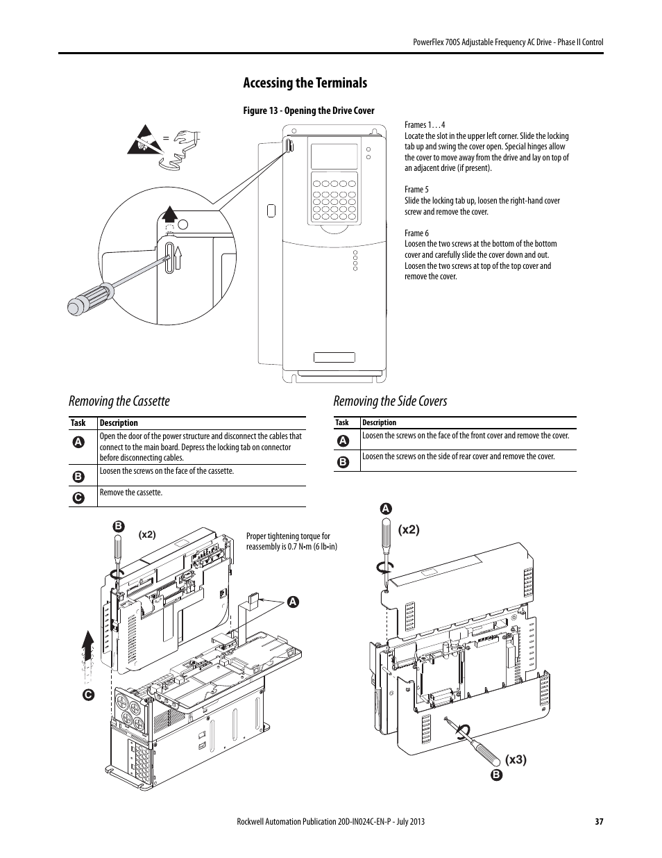 Accessing the terminals, Removing the cassette, Removing the side covers | X2) (x3) | Rockwell Automation 20D PowerFlex 700S Phase II Drive Frames 1...6 Installation Instructions User Manual | Page 37 / 80