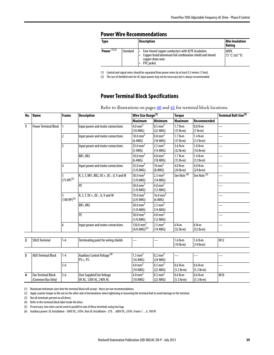 Power wire recommendations, Power terminal block specifications, R to power terminal block specifications | Rockwell Automation 20D PowerFlex 700S Phase II Drive Frames 1...6 Installation Instructions User Manual | Page 39 / 80