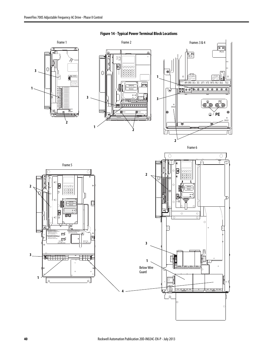 Figure 14 - typical power terminal block locations, Aux in+ aux out | Rockwell Automation 20D PowerFlex 700S Phase II Drive Frames 1...6 Installation Instructions User Manual | Page 40 / 80