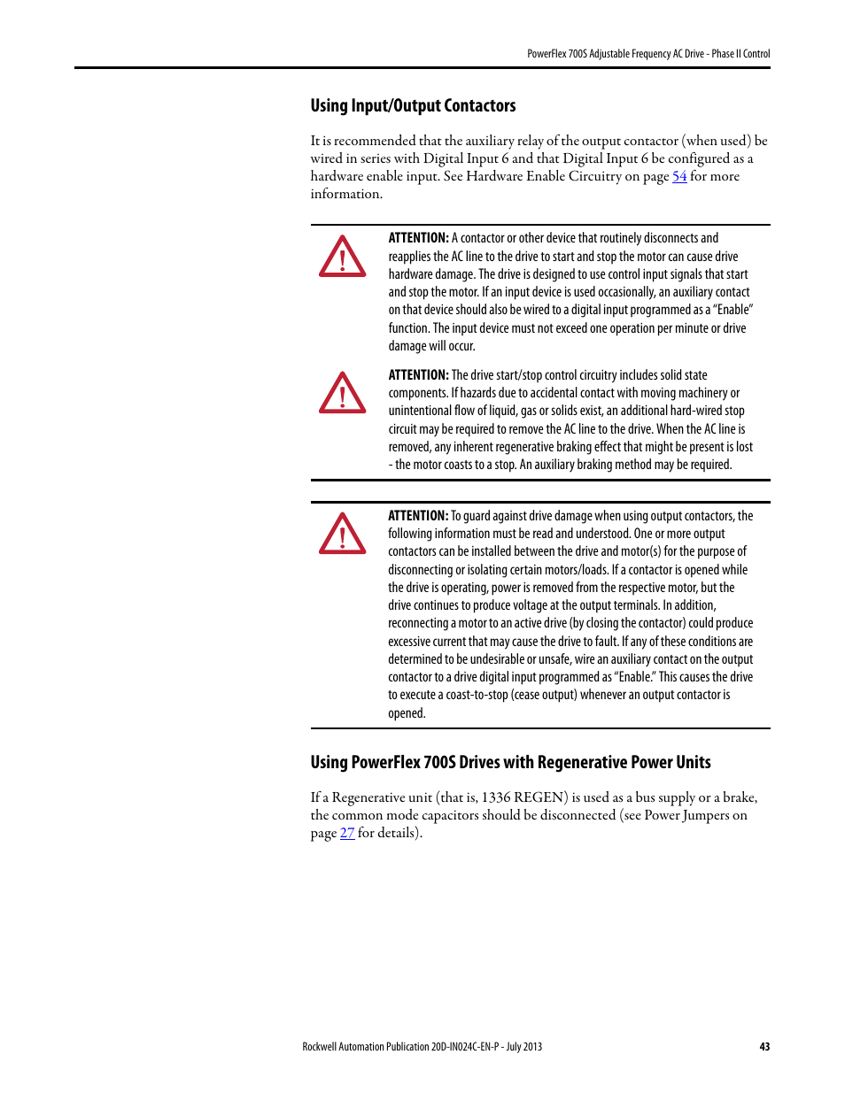 Using input/output contactors | Rockwell Automation 20D PowerFlex 700S Phase II Drive Frames 1...6 Installation Instructions User Manual | Page 43 / 80