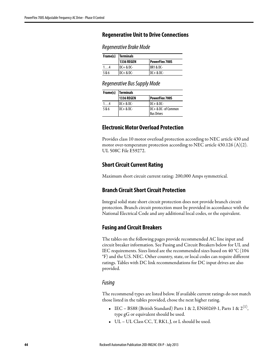 Regenerative unit to drive connections, Fusing and circuit breakers, O the fusing and circuit breakers table | E fusing and circuit breakers, Short circuit current rating, Branch circuit short circuit protection, Fusing | Rockwell Automation 20D PowerFlex 700S Phase II Drive Frames 1...6 Installation Instructions User Manual | Page 44 / 80