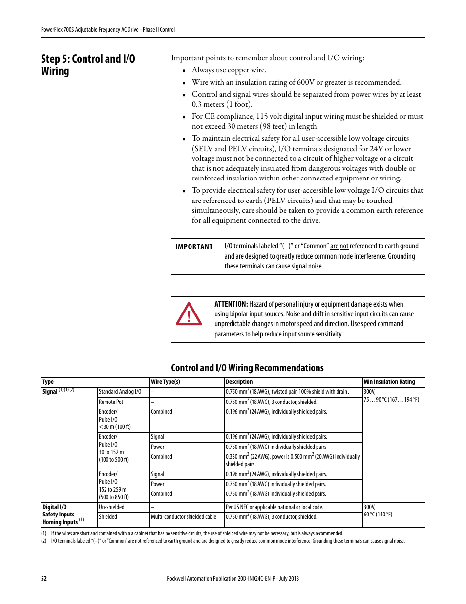 Step 5: control and i/o wiring, Control and i/o wiring recommendations | Rockwell Automation 20D PowerFlex 700S Phase II Drive Frames 1...6 Installation Instructions User Manual | Page 52 / 80