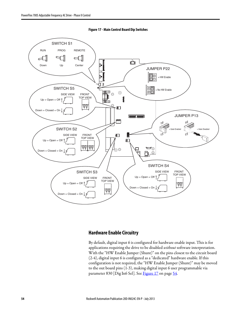Hardware enable circuitry, For mo, Figure 17 - main control board dip switches | Rockwell Automation 20D PowerFlex 700S Phase II Drive Frames 1...6 Installation Instructions User Manual | Page 54 / 80