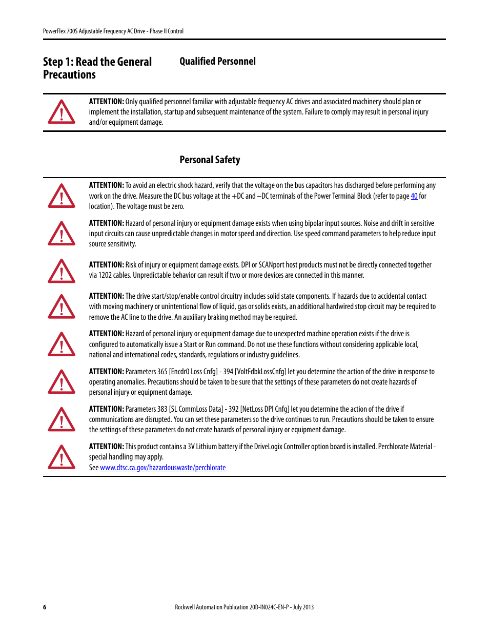 Step 1: read the general precautions, Qualified personnel, Personal safety | Qualified personnel personal safety | Rockwell Automation 20D PowerFlex 700S Phase II Drive Frames 1...6 Installation Instructions User Manual | Page 6 / 80