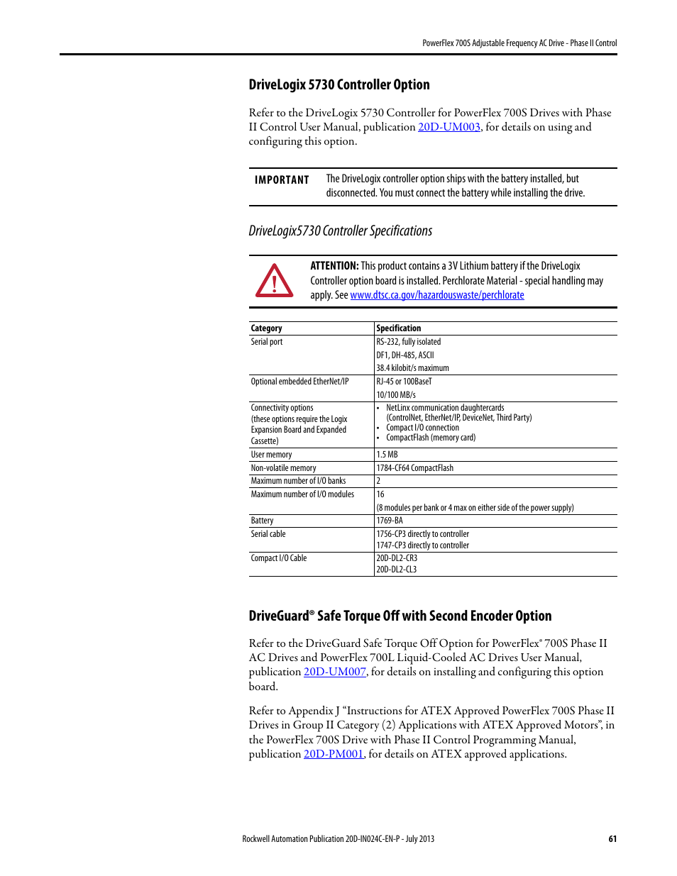 Drivelogix 5730 controller option | Rockwell Automation 20D PowerFlex 700S Phase II Drive Frames 1...6 Installation Instructions User Manual | Page 61 / 80