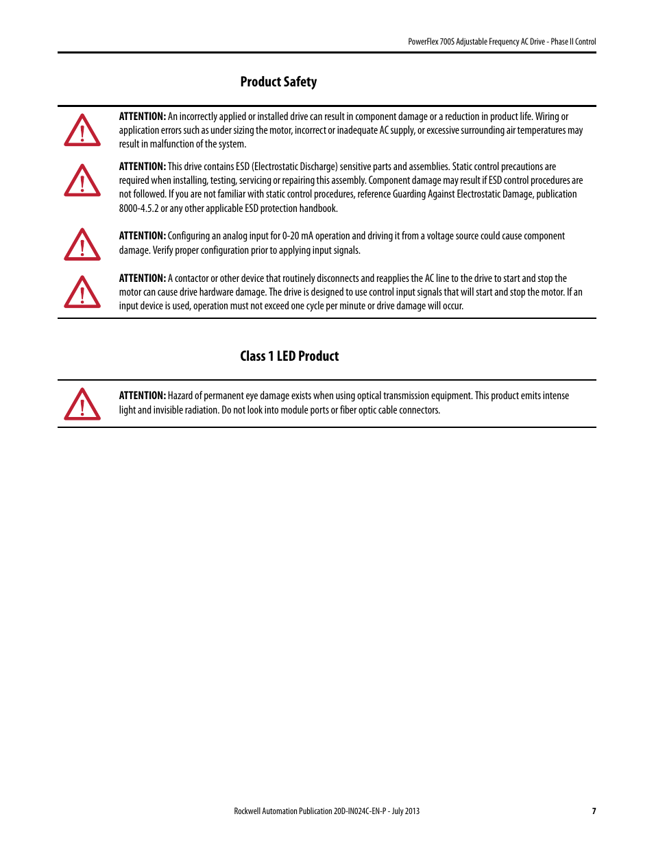 Product safety, Class 1 led product, Product safety class 1 led product | Rockwell Automation 20D PowerFlex 700S Phase II Drive Frames 1...6 Installation Instructions User Manual | Page 7 / 80