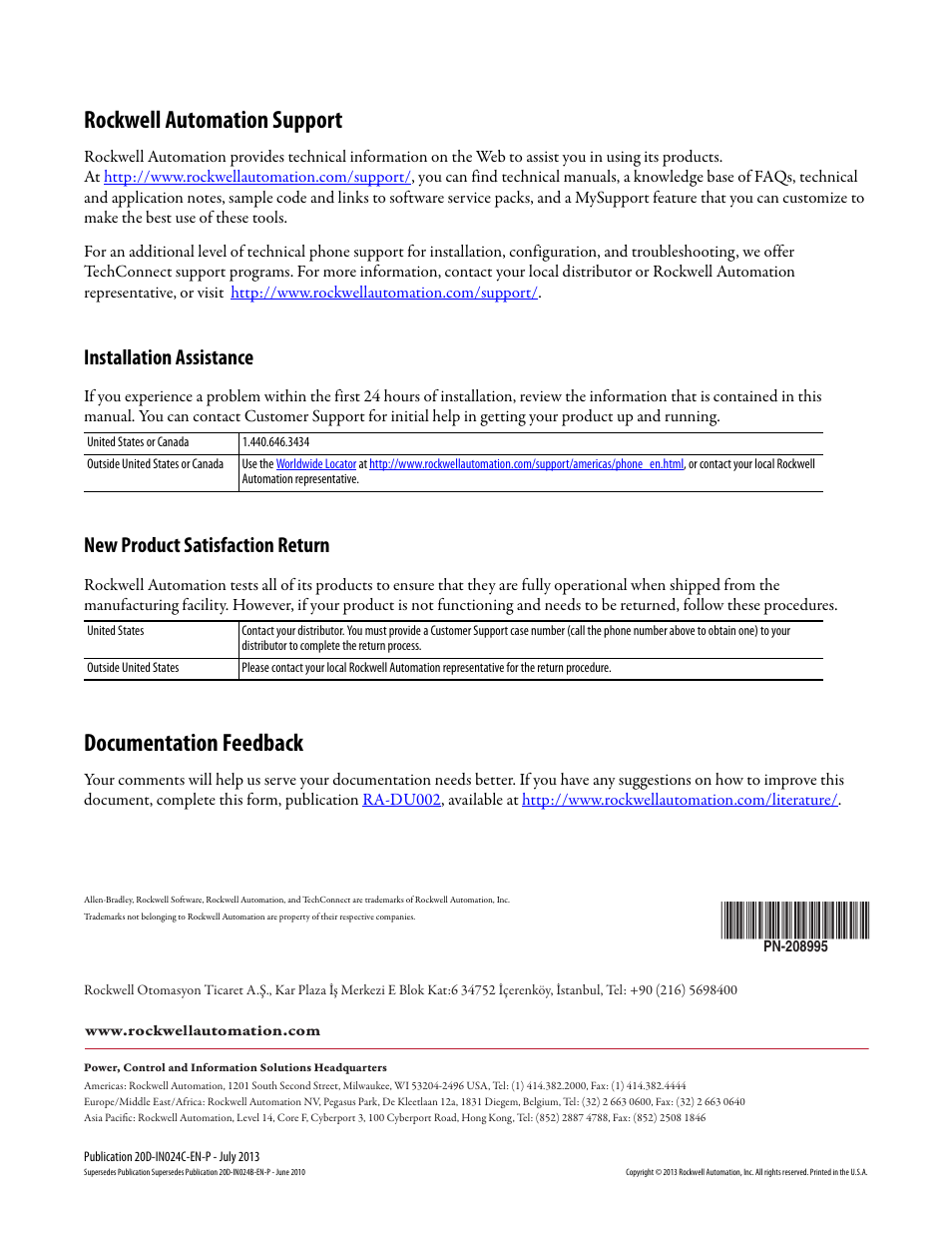 Rockwell automation support, Documentation feedback, Installation assistance | New product satisfaction return | Rockwell Automation 20D PowerFlex 700S Phase II Drive Frames 1...6 Installation Instructions User Manual | Page 80 / 80