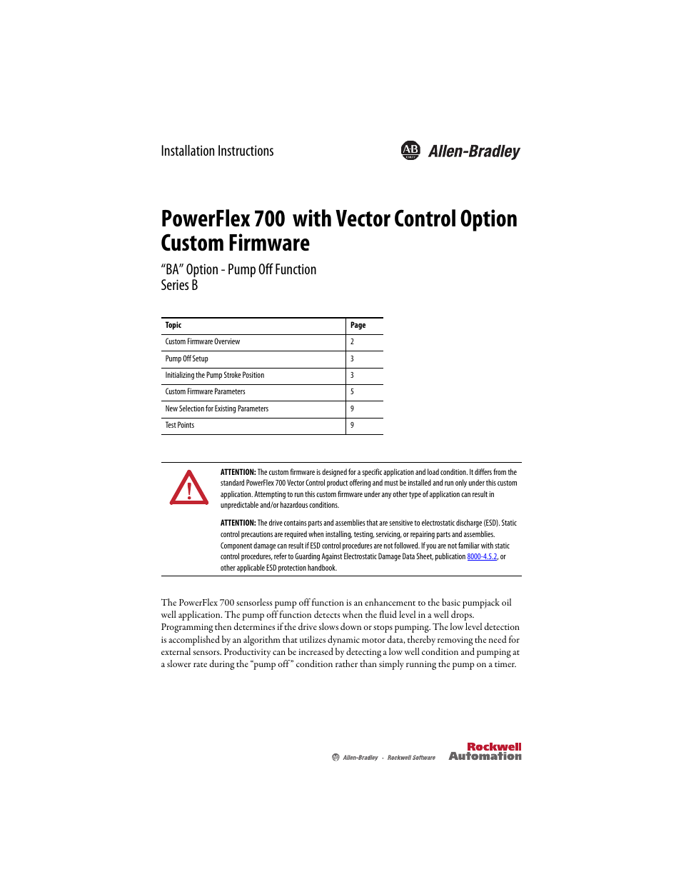 Rockwell Automation 20B PowerFlex 700 Custom Firmware - Pump Off User Manual | 12 pages