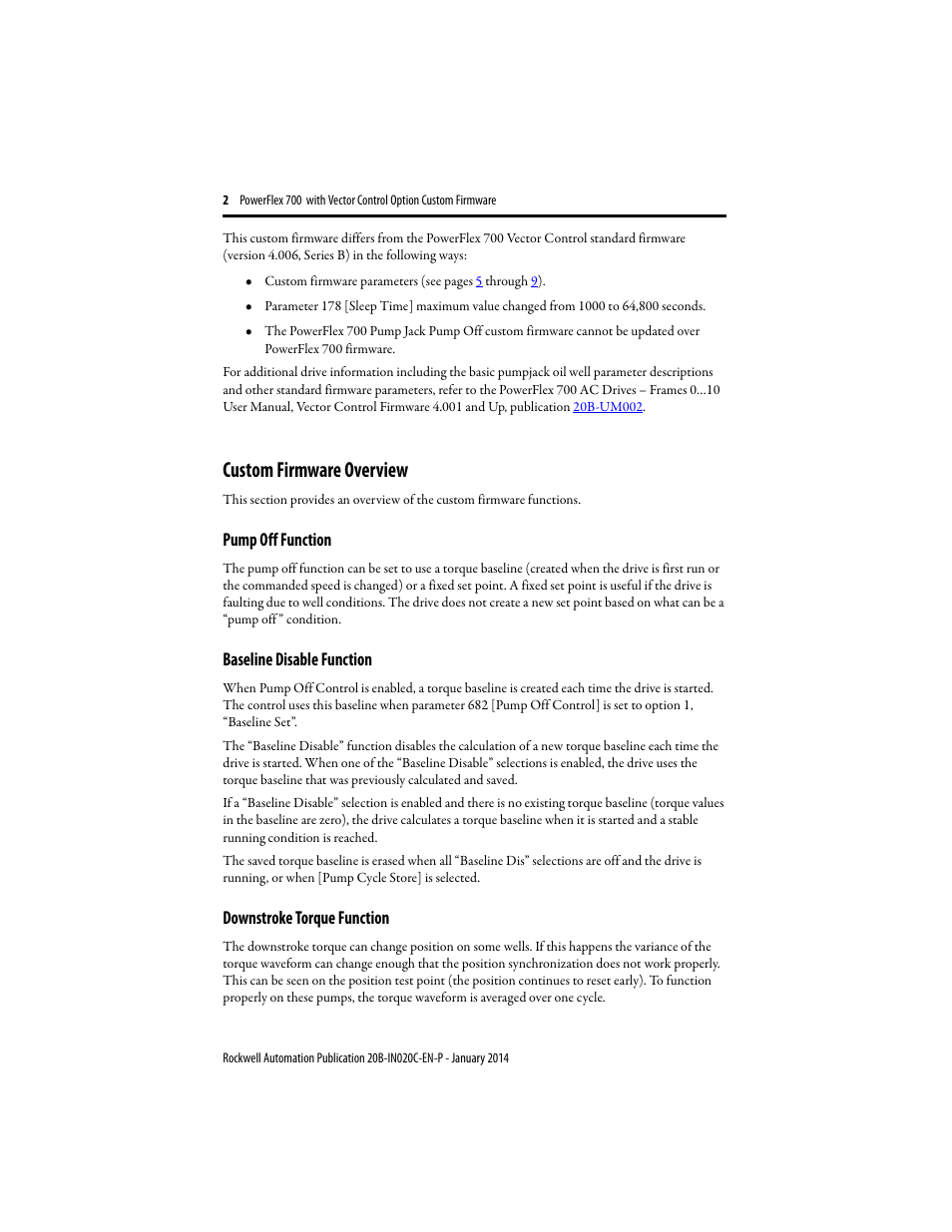 Custom firmware overview, Pump off function, Baseline disable function | Downstroke torque function | Rockwell Automation 20B PowerFlex 700 Custom Firmware - Pump Off User Manual | Page 2 / 12