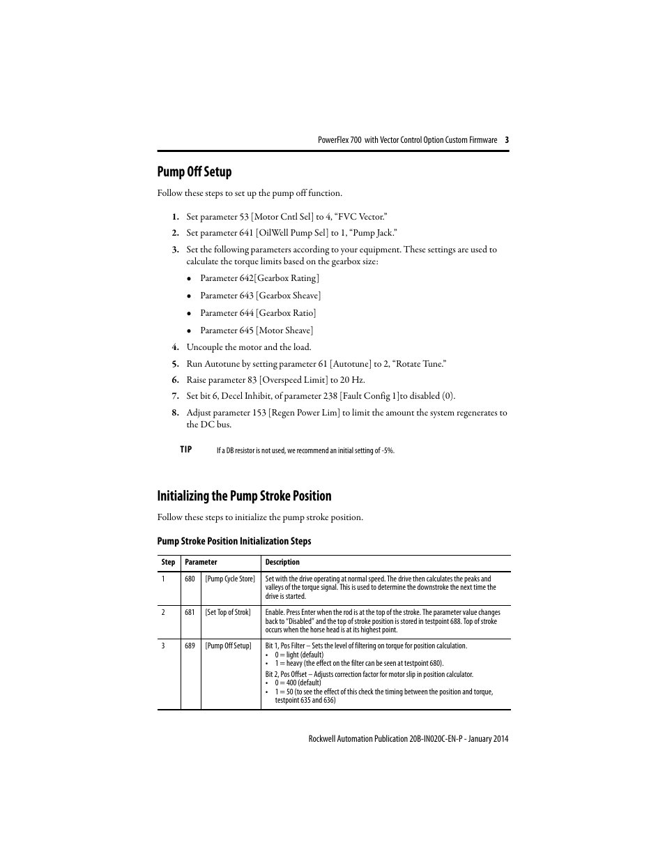 Pump off setup, Initializing the pump stroke position | Rockwell Automation 20B PowerFlex 700 Custom Firmware - Pump Off User Manual | Page 3 / 12