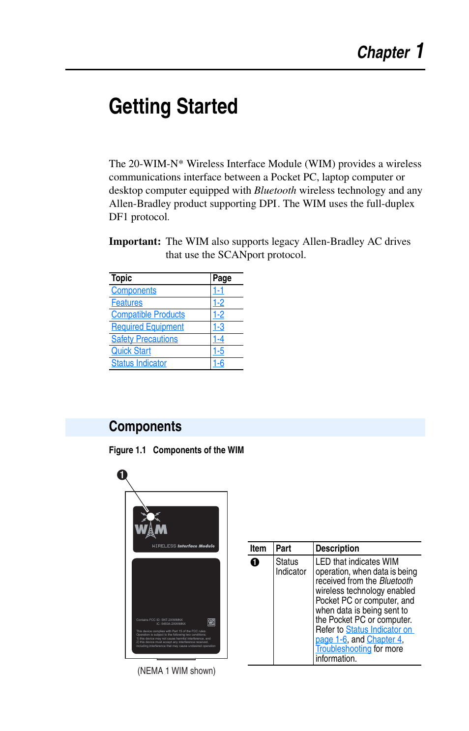 Chapter 1, Getting started, Components | Components -1, 1getting started, Chapter | Rockwell Automation 7000 DPI Wireless Interface Module User Manual | Page 11 / 92