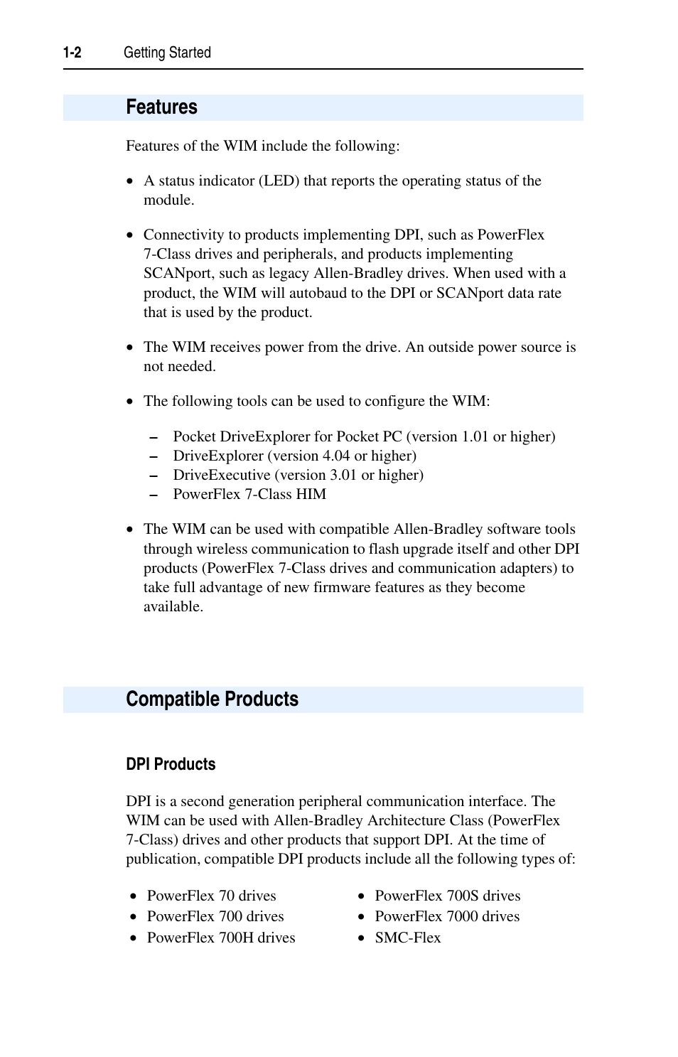 Features, Compatible products, Dpi products | Features -2 compatible products -2 | Rockwell Automation 7000 DPI Wireless Interface Module User Manual | Page 12 / 92