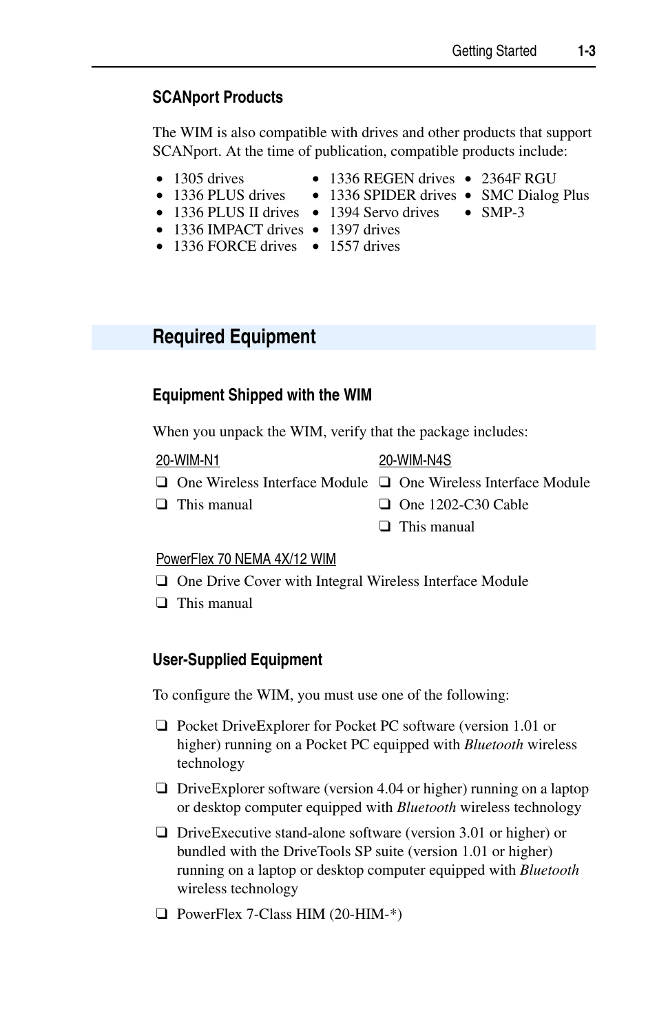 Scanport products, Required equipment, Equipment shipped with the wim | User-supplied equipment, Required equipment -3 | Rockwell Automation 7000 DPI Wireless Interface Module User Manual | Page 13 / 92