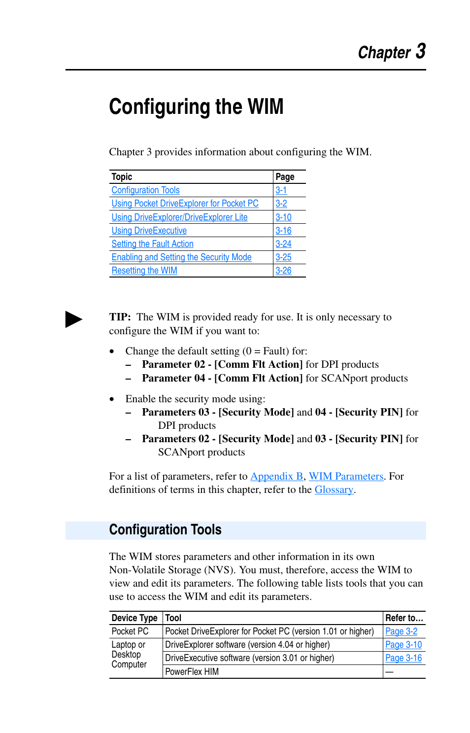 Chapter 3, Configuring the wim, Configuration tools | Configuration tools -1, 3configuring the wim, Chapter | Rockwell Automation 7000 DPI Wireless Interface Module User Manual | Page 23 / 92