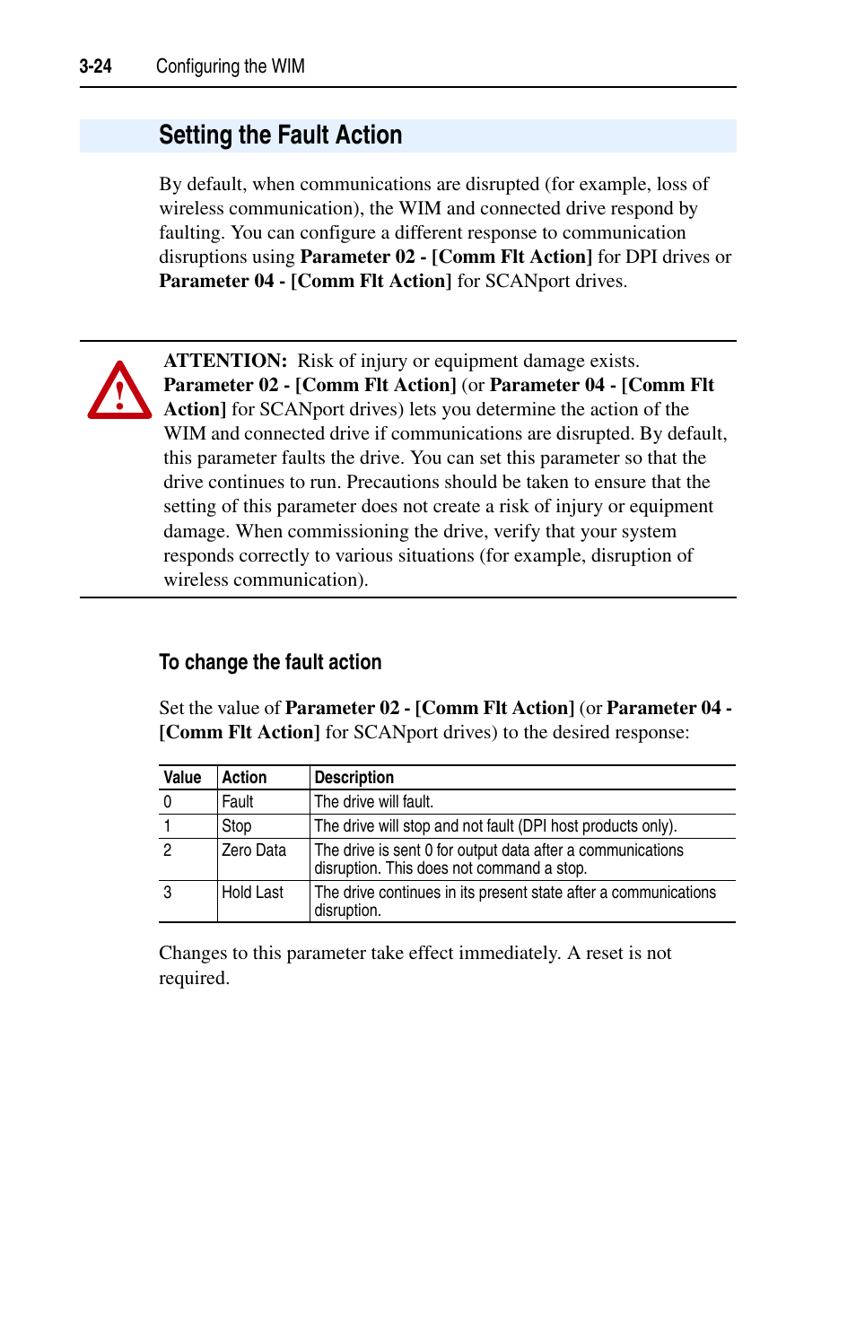 Setting the fault action, To change the fault action, Setting the fault action -24 | Rockwell Automation 7000 DPI Wireless Interface Module User Manual | Page 46 / 92