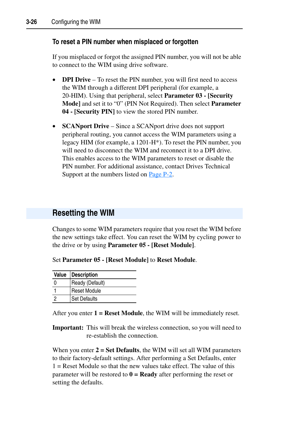 To reset a pin number when misplaced or forgotten, Resetting the wim, Resetting the wim -26 | Rockwell Automation 7000 DPI Wireless Interface Module User Manual | Page 48 / 92