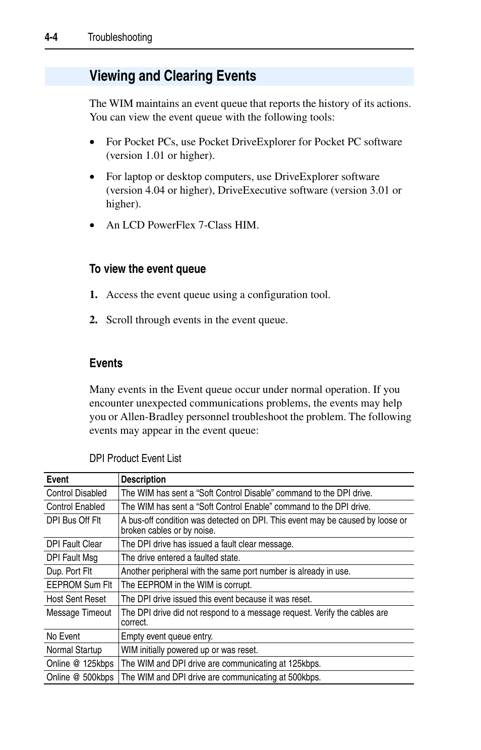 Viewing and clearing events, To view the event queue, Events | Viewing and clearing events -4 | Rockwell Automation 7000 DPI Wireless Interface Module User Manual | Page 52 / 92