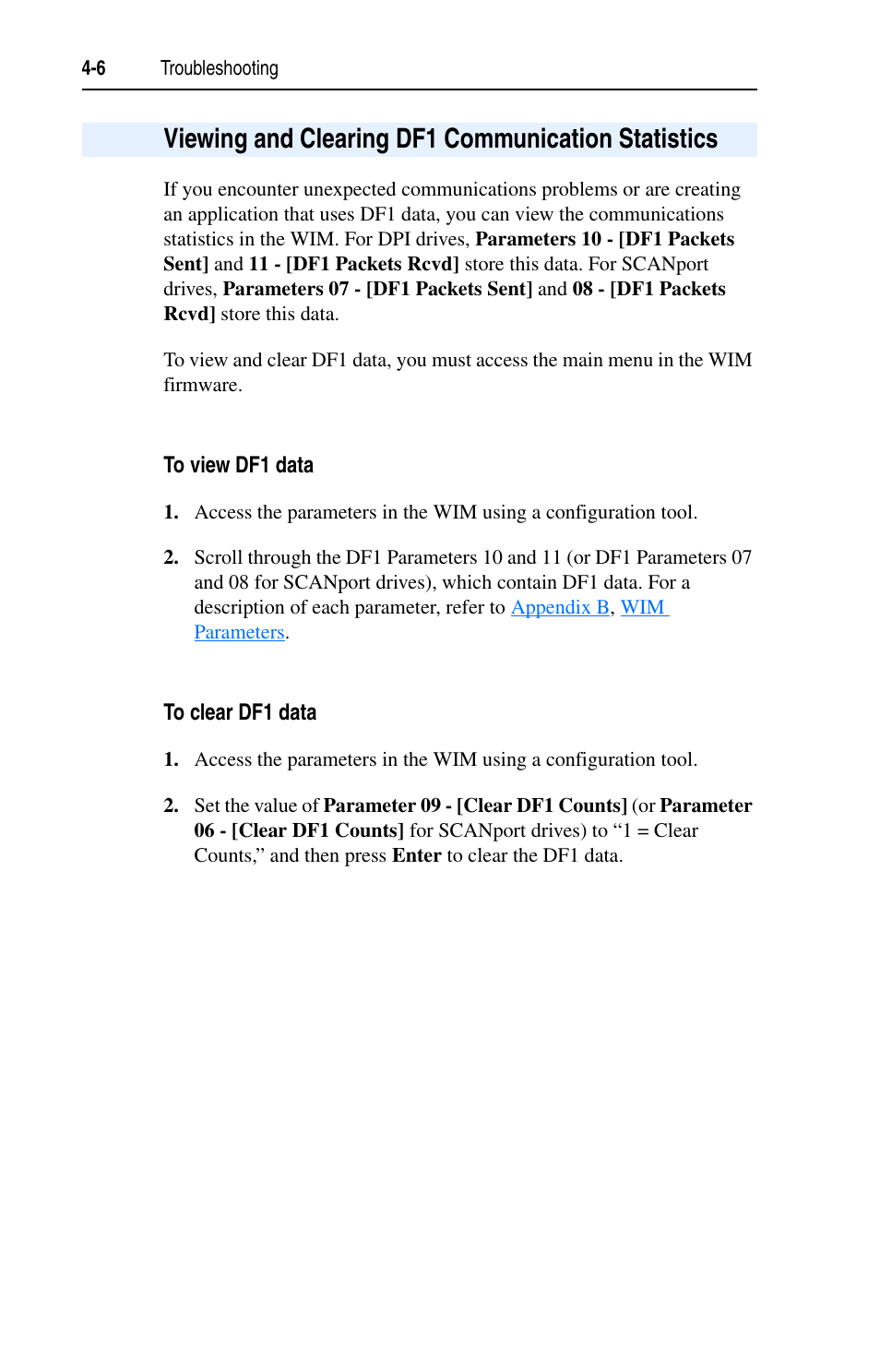 Viewing and clearing df1 communication statistics, To view df1 data, To clear df1 data | Rockwell Automation 7000 DPI Wireless Interface Module User Manual | Page 54 / 92
