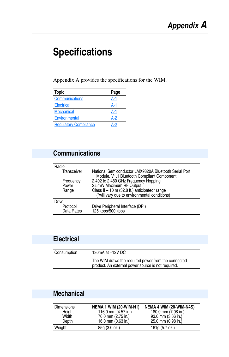 Appendix a, Specifications, Communications | Electrical, Mechanical, Aspecifications, Appendix | Rockwell Automation 7000 DPI Wireless Interface Module User Manual | Page 55 / 92
