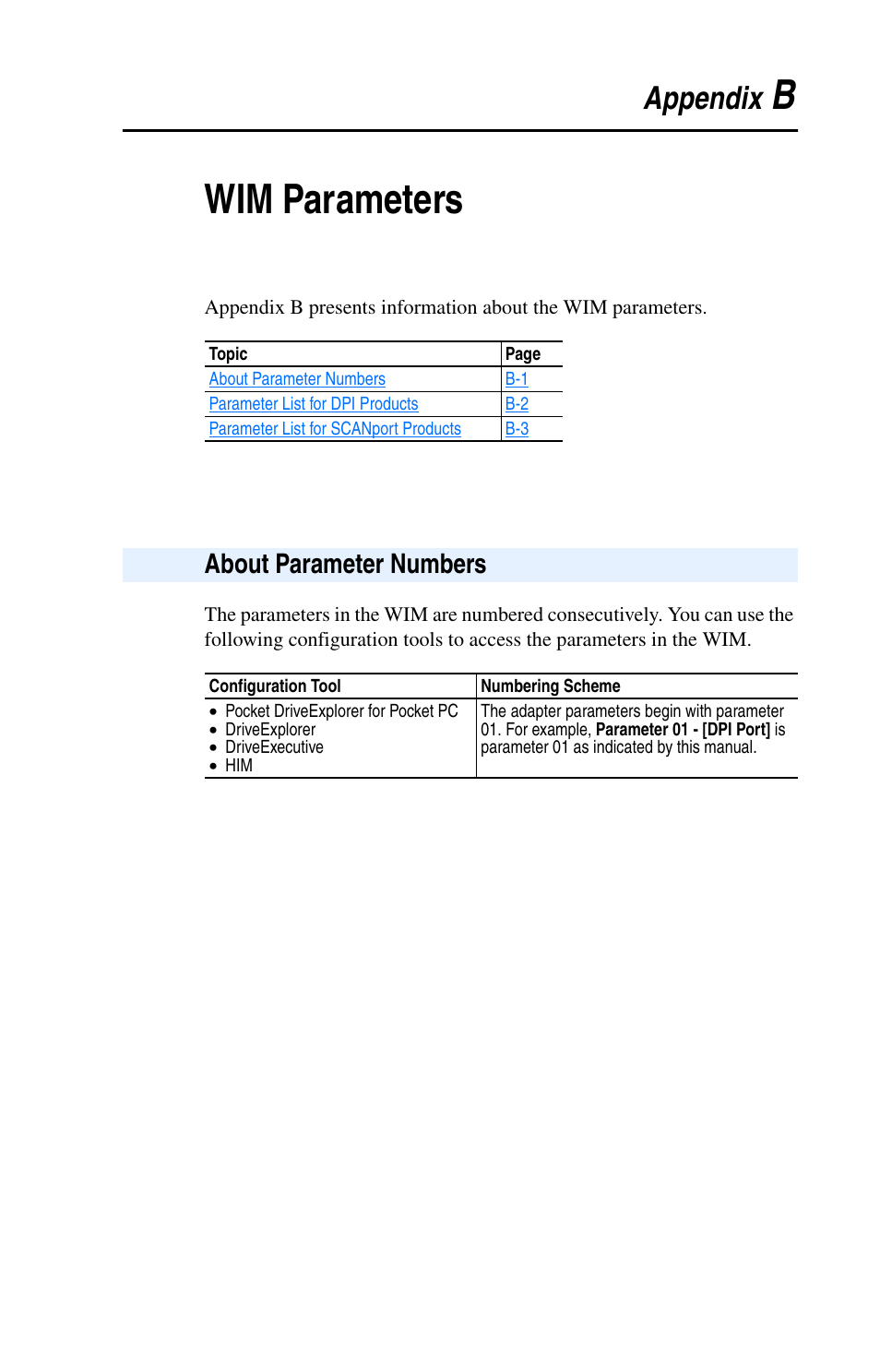 Appendix b, Wim parameters, About parameter numbers | Meters, refer to, Parameters, Bwim parameters | Rockwell Automation 7000 DPI Wireless Interface Module User Manual | Page 59 / 92