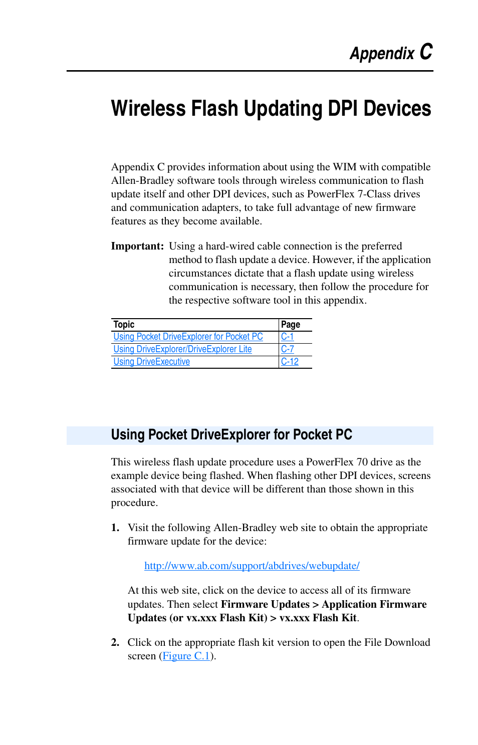 Appendix c, Wireless flash updating dpi devices, Using pocket driveexplorer for pocket pc | Cwireless flash updating dpi devices | Rockwell Automation 7000 DPI Wireless Interface Module User Manual | Page 63 / 92