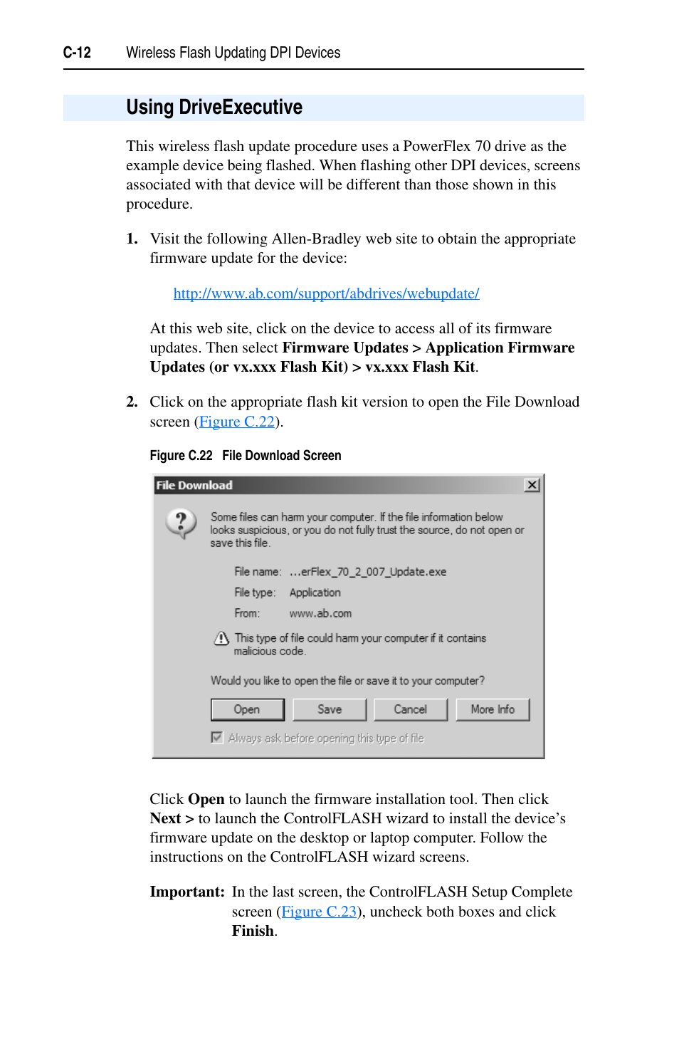 Using driveexecutive, C-12 | Rockwell Automation 7000 DPI Wireless Interface Module User Manual | Page 74 / 92