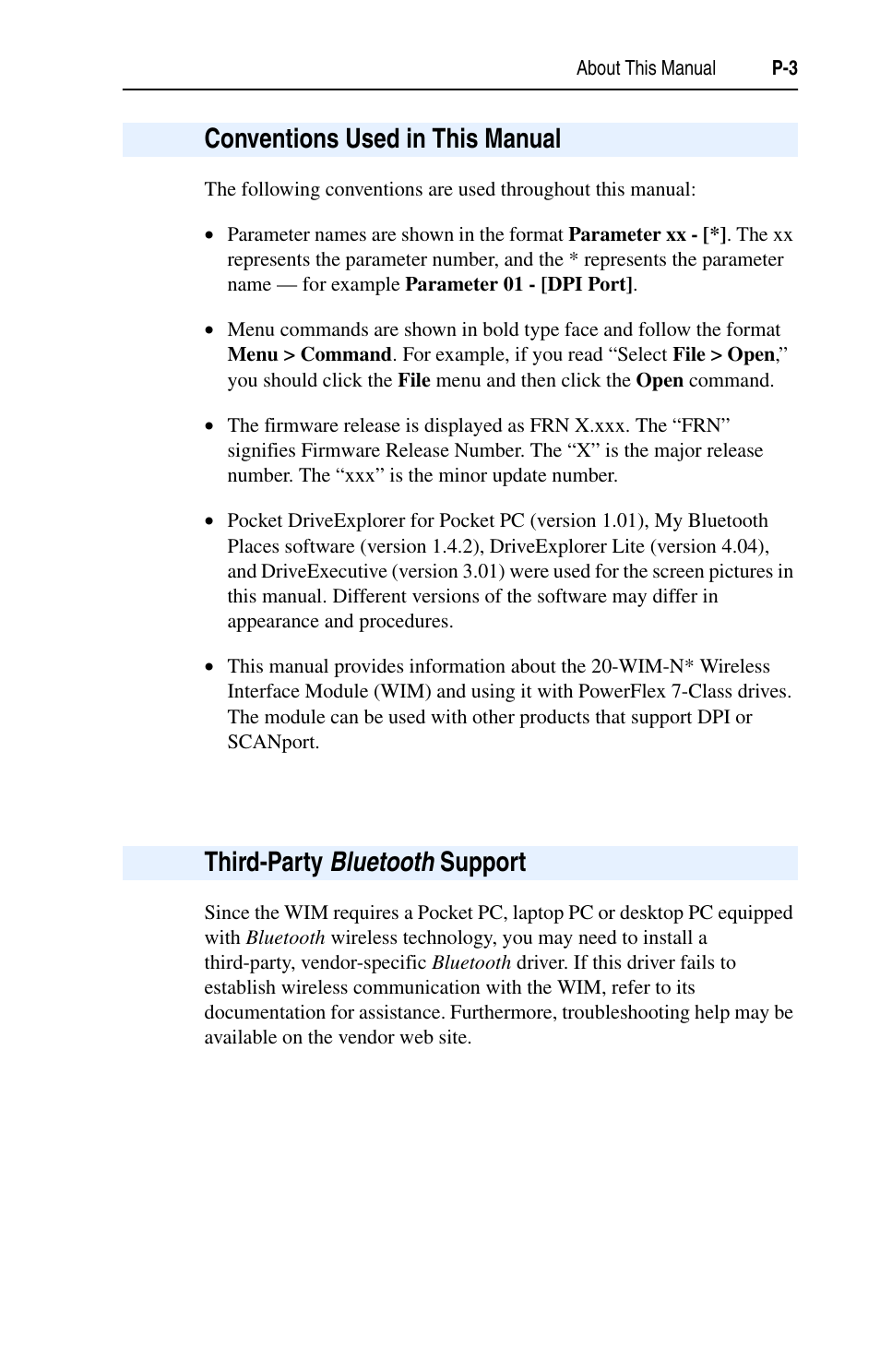 Conventions used in this manual, Third-party bluetooth support | Rockwell Automation 7000 DPI Wireless Interface Module User Manual | Page 9 / 92