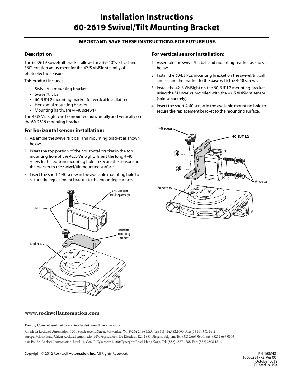 Rockwell Automation 60-2619, 42JS Swivel/Tilt Mounting Bracket User Manual | 1 page