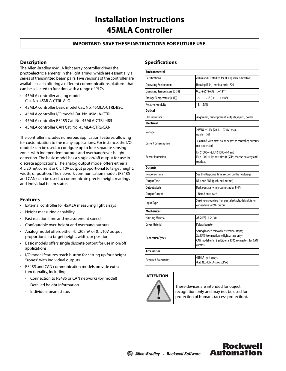 Rockwell Automation 45MLA Controller Installation Instructions User Manual | 16 pages