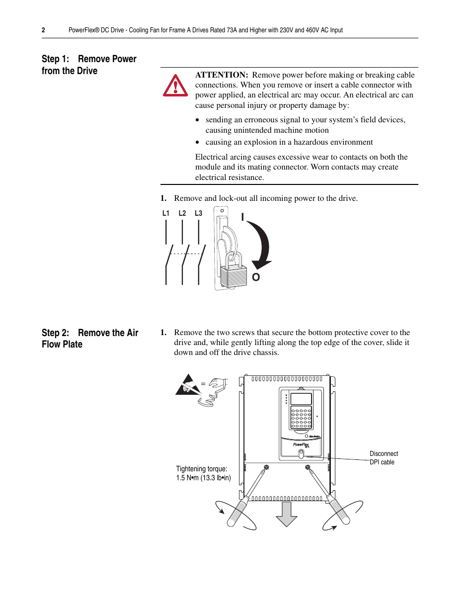 Step 1: remove power from the drive, Step 2: remove the air flow plate | Rockwell Automation 20P PowerFlex DC Drive - Cooling Fan for Frame A Drives Above 73A at 230V 460V AC User Manual | Page 2 / 6