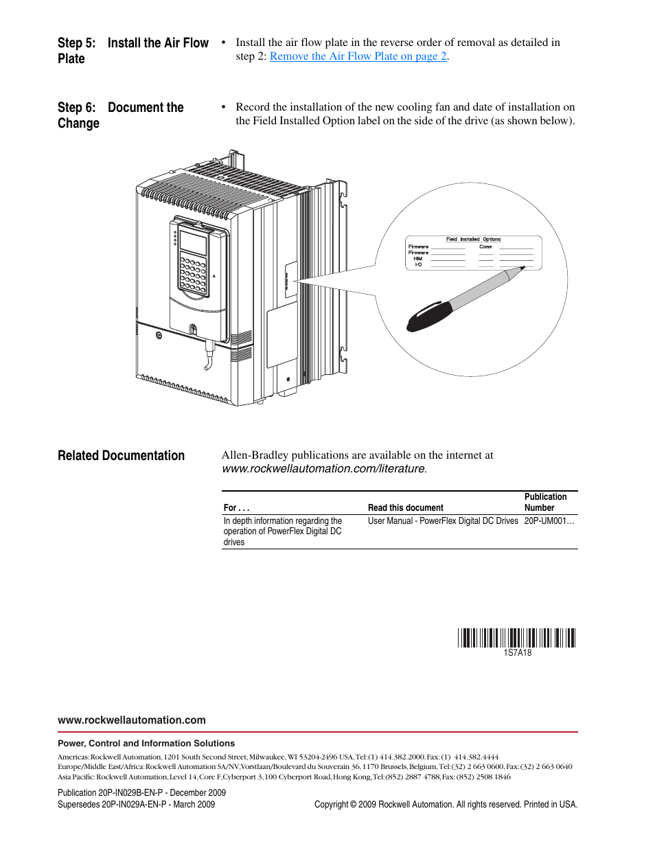 Step 5: install the air flow plate, Step 6: document the change, Related documentation | Publication 20p-in029b-en-p - december 2009 | Rockwell Automation 20P PowerFlex DC Drive - Cooling Fan for Frame A Drives Above 73A at 230V 460V AC User Manual | Page 6 / 6