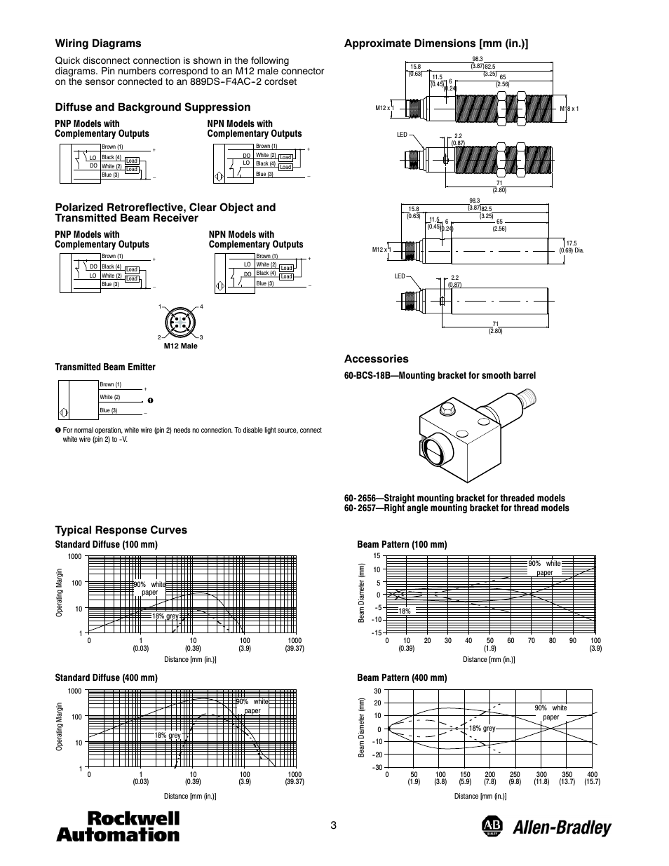 3wiring diagrams, Diffuse and background suppression, Approximate dimensions [mm (in.) | Accessories, Typical response curves, Transmitted beam emitter, Standard diffuse (100 mm), Beam pattern (100 mm) | Rockwell Automation 42CS Stainless Steel Photoelectric Sensors User Manual | Page 3 / 4
