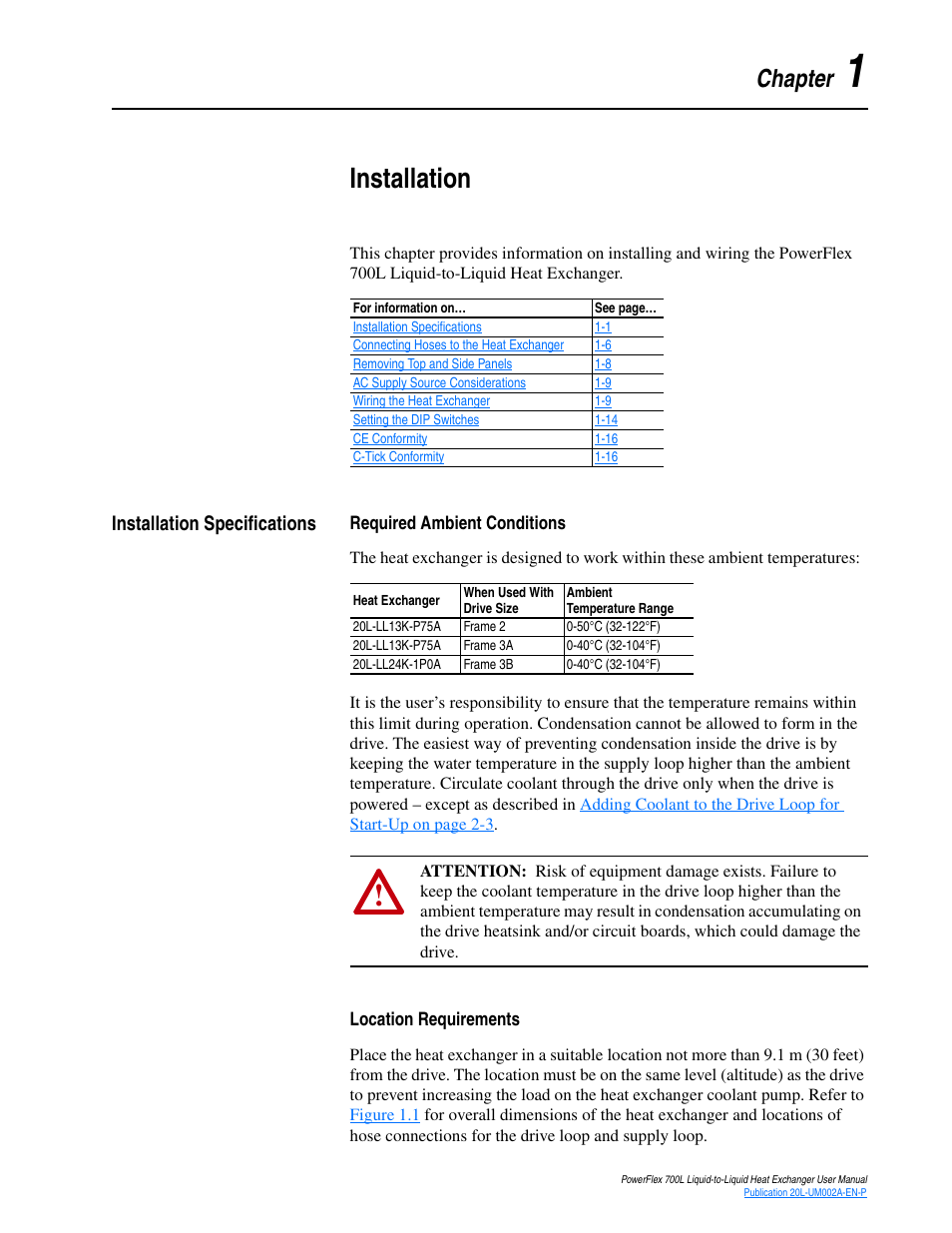 Chapter 1, Installation, Installation specifications | Required ambient conditions, Location requirements, Installation specifications -1 | Rockwell Automation 20L-LL PowerFlex 700L Liquid-to-Liquid Heat Exchanger User Manual | Page 11 / 40