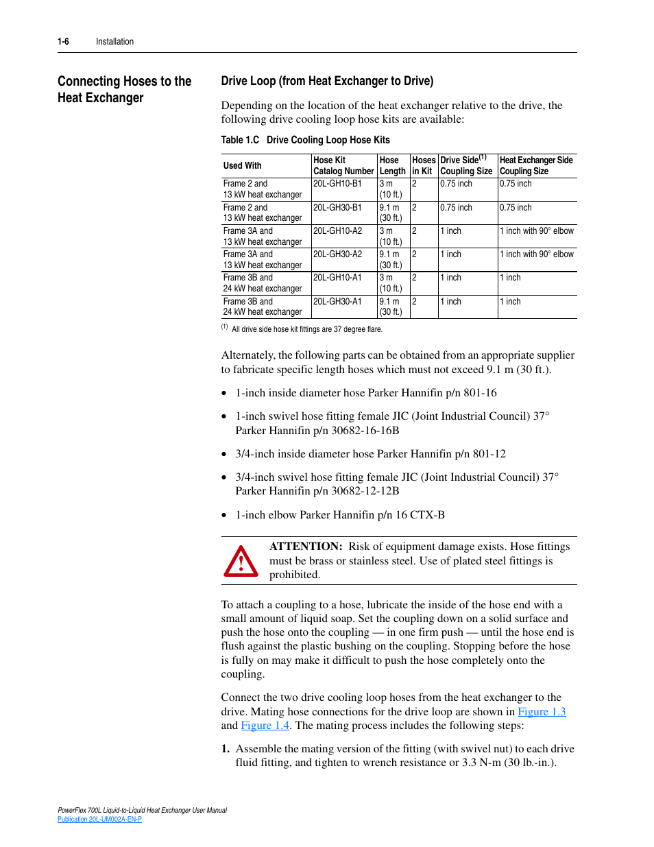 Connecting hoses to the heat exchanger, Drive loop (from heat exchanger to drive), Connecting hoses to the heat exchanger -6 | Drive loop (from heat exchanger to drive) -6 | Rockwell Automation 20L-LL PowerFlex 700L Liquid-to-Liquid Heat Exchanger User Manual | Page 16 / 40
