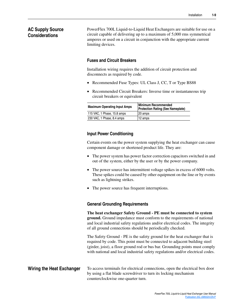 Ac supply source considerations, Fuses and circuit breakers, Input power conditioning | General grounding requirements, Wiring the heat exchanger, Ac supply source considerations -9, Wiring the heat exchanger -9 | Rockwell Automation 20L-LL PowerFlex 700L Liquid-to-Liquid Heat Exchanger User Manual | Page 19 / 40