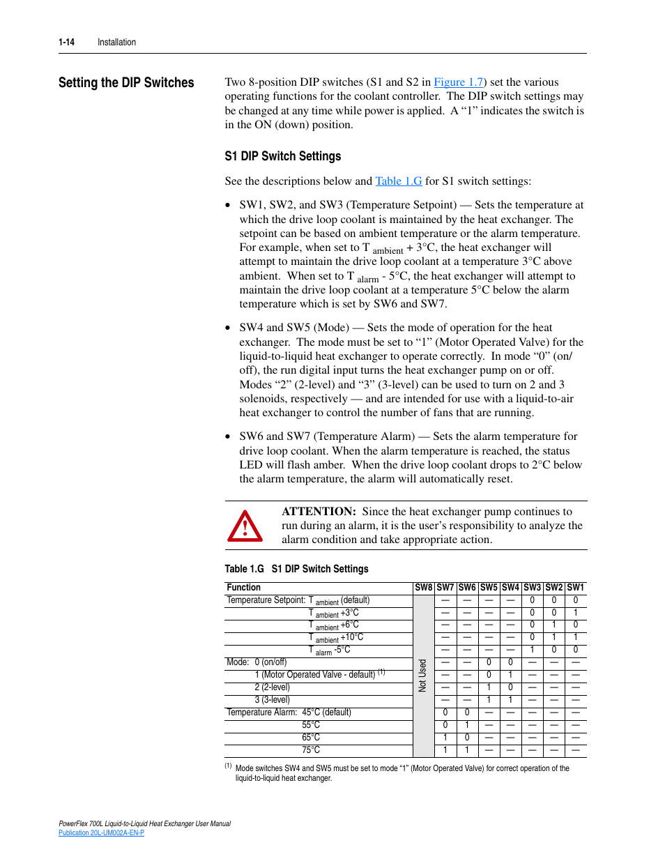 Setting the dip switches, S1 dip switch settings, Setting the dip switches -14 | S1 dip switch settings -14 | Rockwell Automation 20L-LL PowerFlex 700L Liquid-to-Liquid Heat Exchanger User Manual | Page 24 / 40