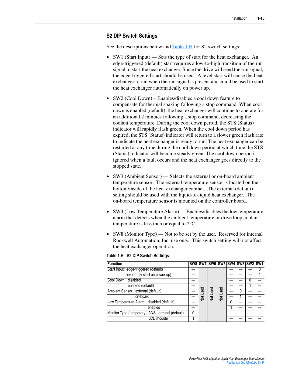 S2 dip switch settings, S2 dip switch settings -15 | Rockwell Automation 20L-LL PowerFlex 700L Liquid-to-Liquid Heat Exchanger User Manual | Page 25 / 40