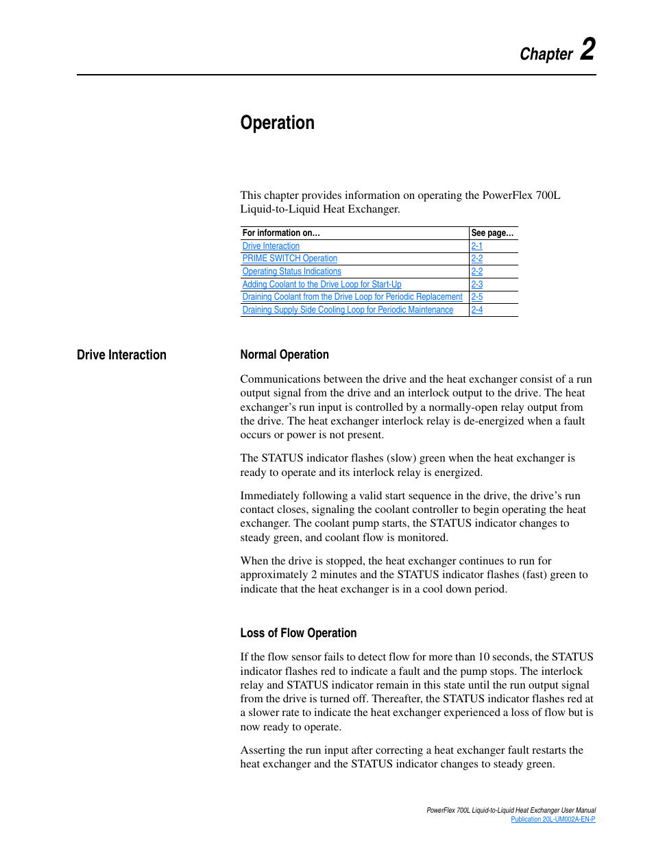 Chapter 2, Operation, Drive interaction | Normal operation, Loss of flow operation, Drive interaction -1, Normal operation -1 loss of flow operation -1 | Rockwell Automation 20L-LL PowerFlex 700L Liquid-to-Liquid Heat Exchanger User Manual | Page 27 / 40