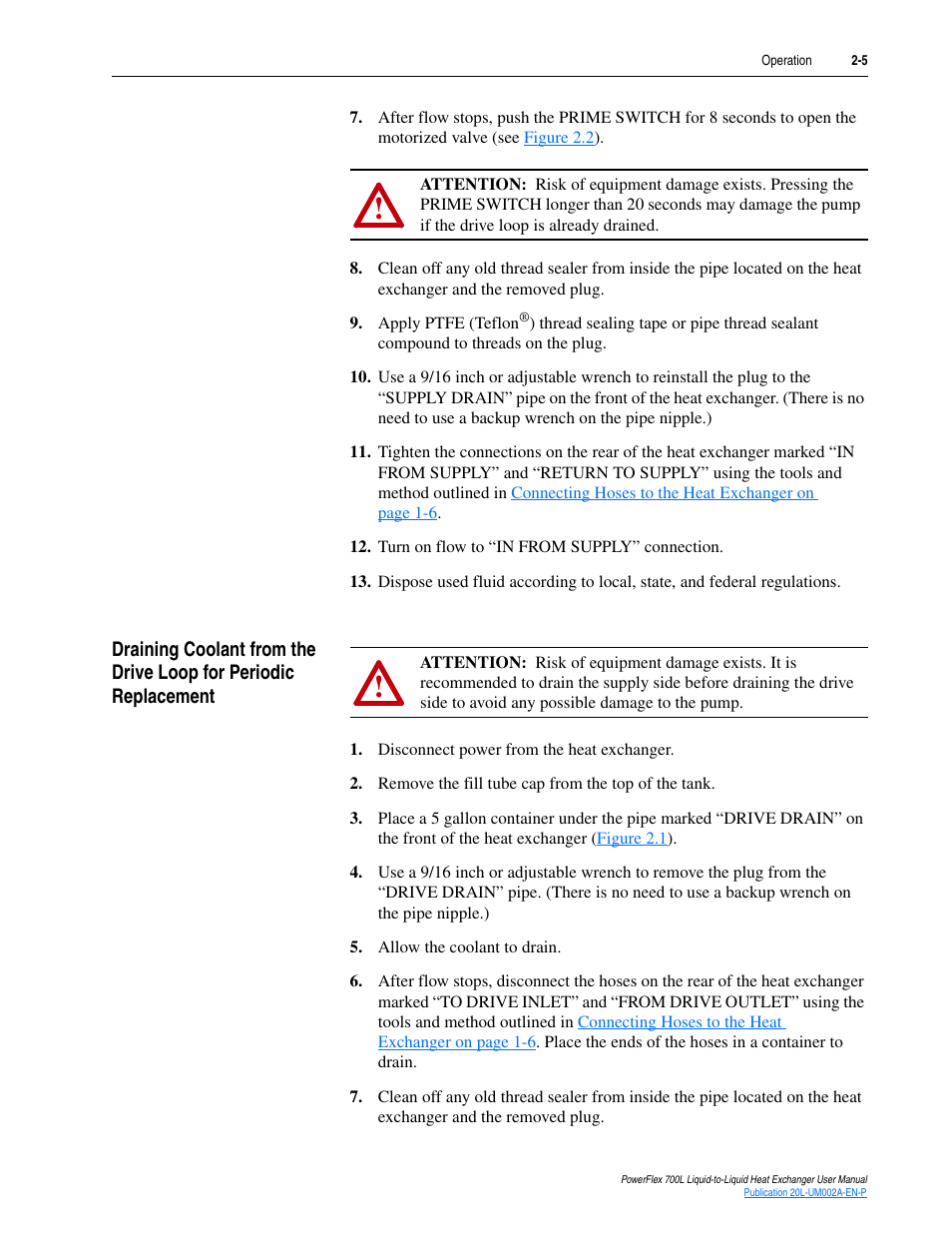 Ained for servicing. see, Draining | Rockwell Automation 20L-LL PowerFlex 700L Liquid-to-Liquid Heat Exchanger User Manual | Page 31 / 40