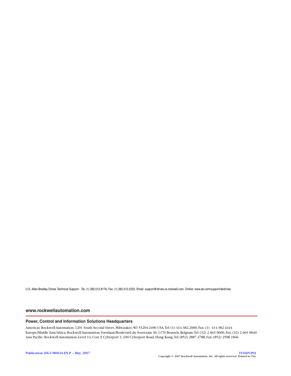 Back cover/pub no./date, Publication 20l-um002a-en-p | Rockwell Automation 20L-LL PowerFlex 700L Liquid-to-Liquid Heat Exchanger User Manual | Page 40 / 40