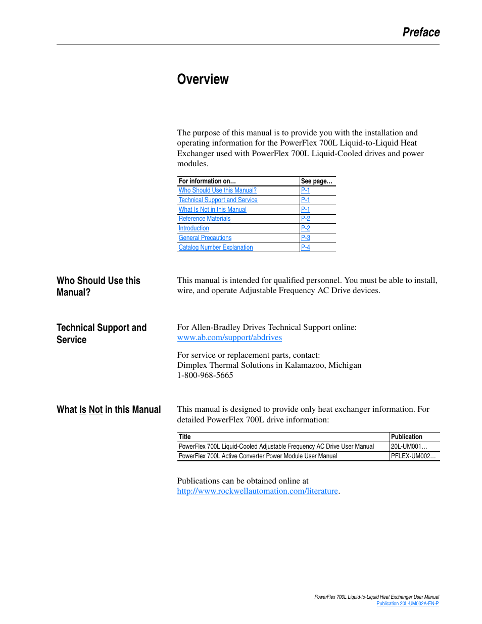 Preface, Overview, Who should use this manual | Technical support and service, What is not in this manual | Rockwell Automation 20L-LL PowerFlex 700L Liquid-to-Liquid Heat Exchanger User Manual | Page 7 / 40