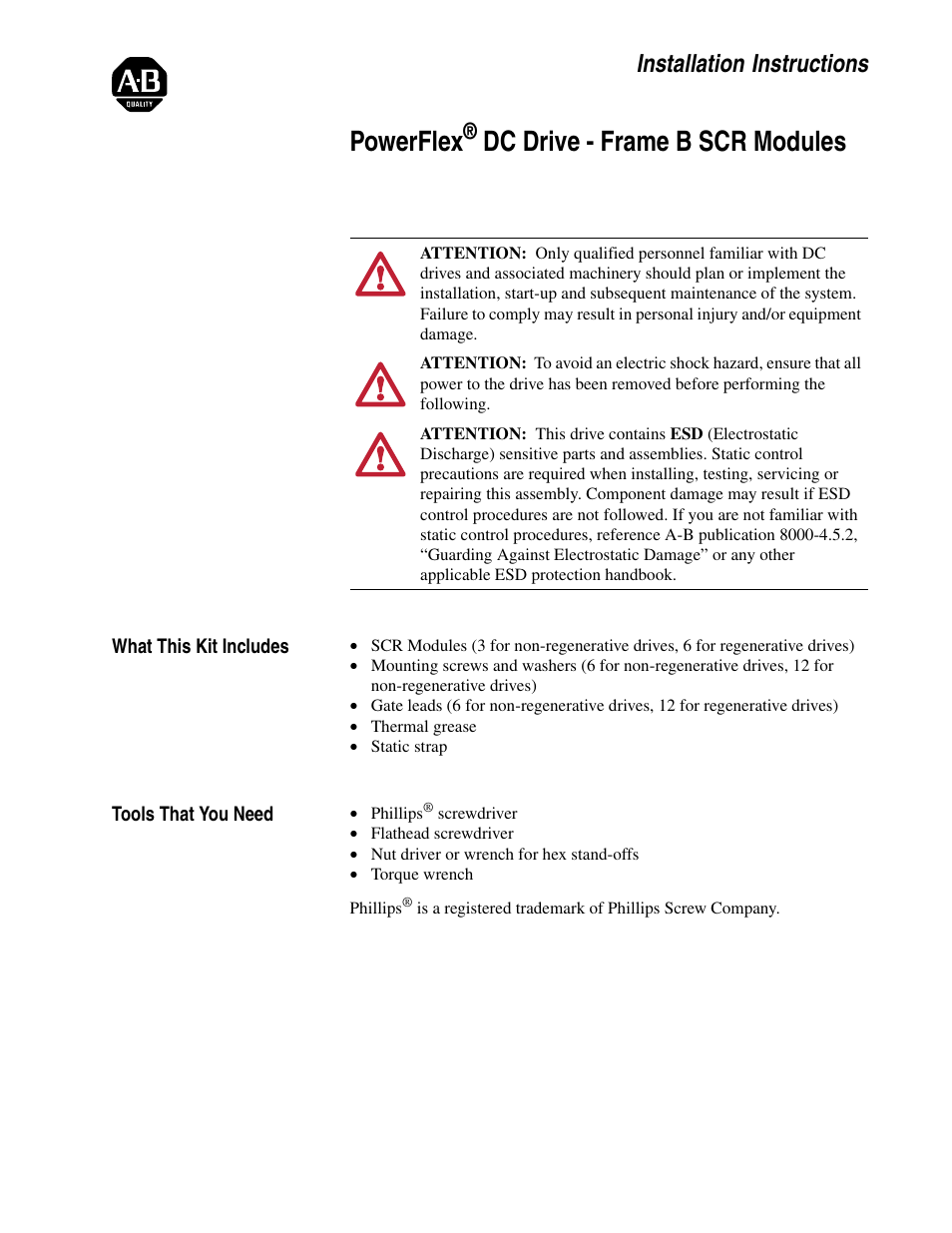 Rockwell Automation 20P PowerFlex DC Drive - Frame B SCR Modules User Manual | 20 pages