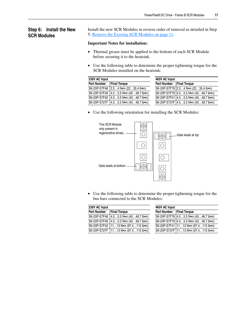 Step 6: install the new scr modules | Rockwell Automation 20P PowerFlex DC Drive - Frame B SCR Modules User Manual | Page 17 / 20