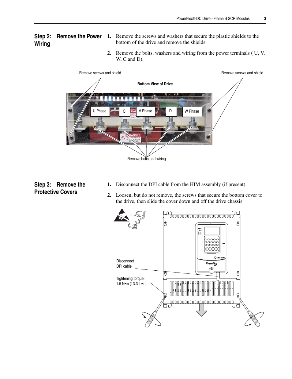 Step 2: remove the power wiring, Step 3: remove the protective covers | Rockwell Automation 20P PowerFlex DC Drive - Frame B SCR Modules User Manual | Page 3 / 20
