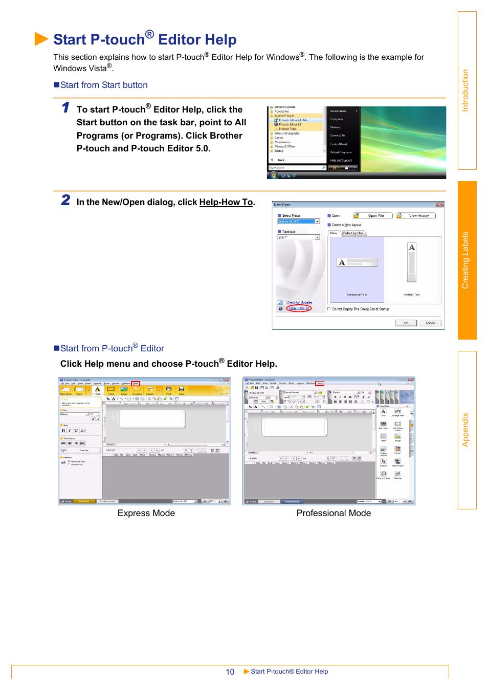 Start p-touch® editor help, Start p-touch, Editor help | Brother QL-570 User Manual | Page 10 / 35