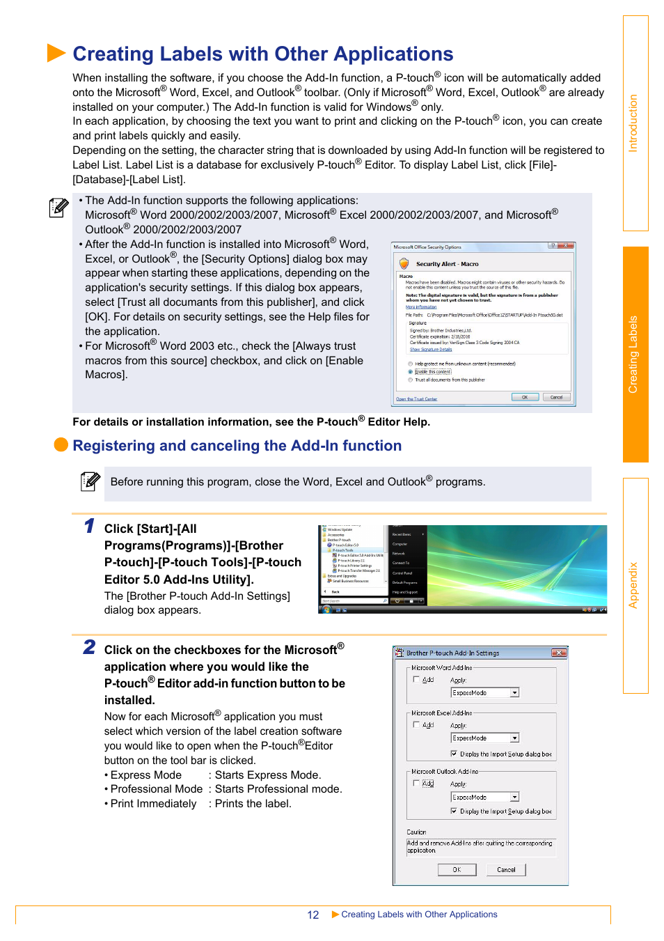 Creating labels with other applications, Registering and canceling the add-in function | Brother QL-570 User Manual | Page 12 / 35